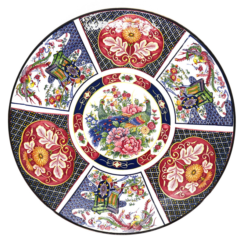 Japanese large-sized plate with colour patterns and flowers in ceramic GOSHOGURUMA