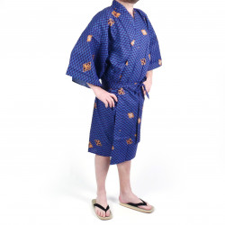 Happi kimono traditionnel japonais bleu en coton motifs diamant et kanji pour homme