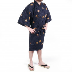 Happi kimono traditionnel japonais noir en coton motifs diamant et kanji pour homme