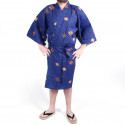 Kimono de algodón azul japonés tradicional Happi con patrones de diamantes y kanji para hombres