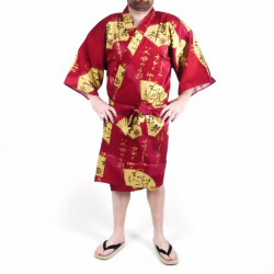 happi kimono rouge japonais en coton SENSU, éventail doré, pour homme