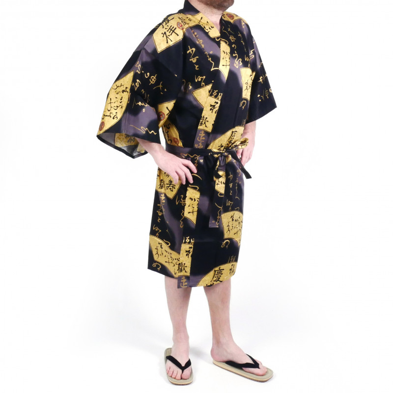 japanischer herren happi kimono, SENSU, schwarz, goldener Fächer