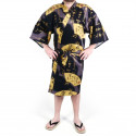 Japanese black cotton happi coat kimono SENSU, golden fan, for men