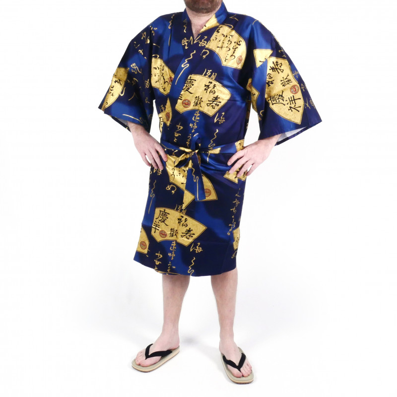Kimono japonés happi en algodón, azul, SENSU, abanico dorado