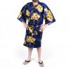 Japanese blue cotton happi coat kimono SENSU, golden fan, for men