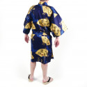 Kimono japonés happi en algodón, azul, SENSU, abanico dorado