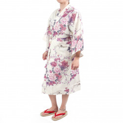 happi kimono japonés blanco en algodón, TSURU PEONY, grulla y peonía