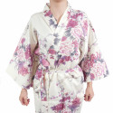 happi kimono traditionnel japonais blanc en coton satin grue et pivoine pour femme