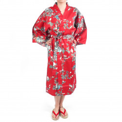happi japonés kimono algodón rojo, SAKURA PEONY, peonía y flores de cerezo