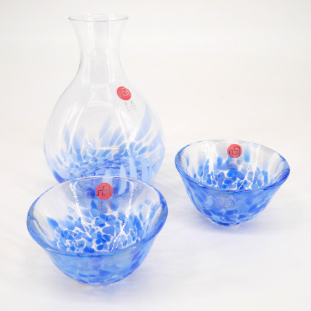 Servizio di sake in vetro giapponese, 2 bicchieri e 1 bottiglia, blu, IWASHIMIZU