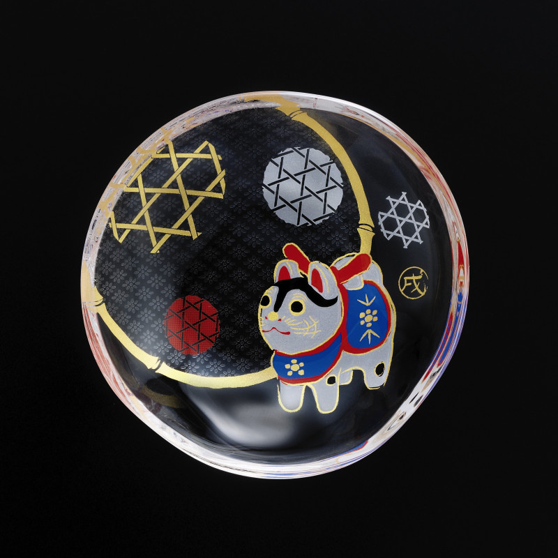 pequeña placa de vidrio japonés mamesara con motivo de perro - MAMESARA