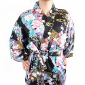 Kimono nero tradizionale giapponese hanten in raso di cotone per donna