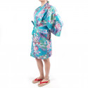 hanten kimono traditionnel japonais Turquoise en coton satiné petite princesse pour femme
