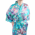 hanten kimono traditionnel japonais Turquoise en coton satiné petite princesse pour femme