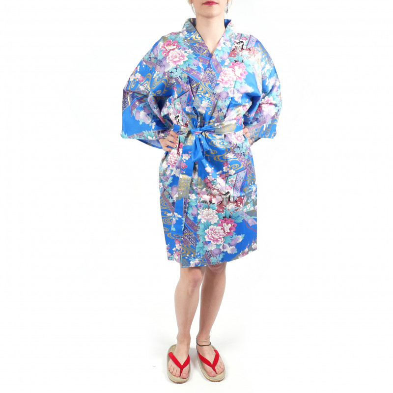 hanten traditional japanese blue kimono in satin cotton little princess for women