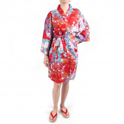 hanten kimono traditionnel japonais rouge en coton satiné petite princesse pour femme