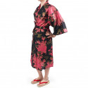 Kimono Happi tradizionale giapponese in cotone nero e peonia per donna