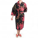 happi kimono tradicional japonés de algodón y peonía negro para mujer