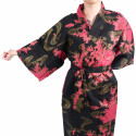 Happi traditioneller japanischer Kimono aus schwarzer Baumwolle und Pfingstrose für Frauen