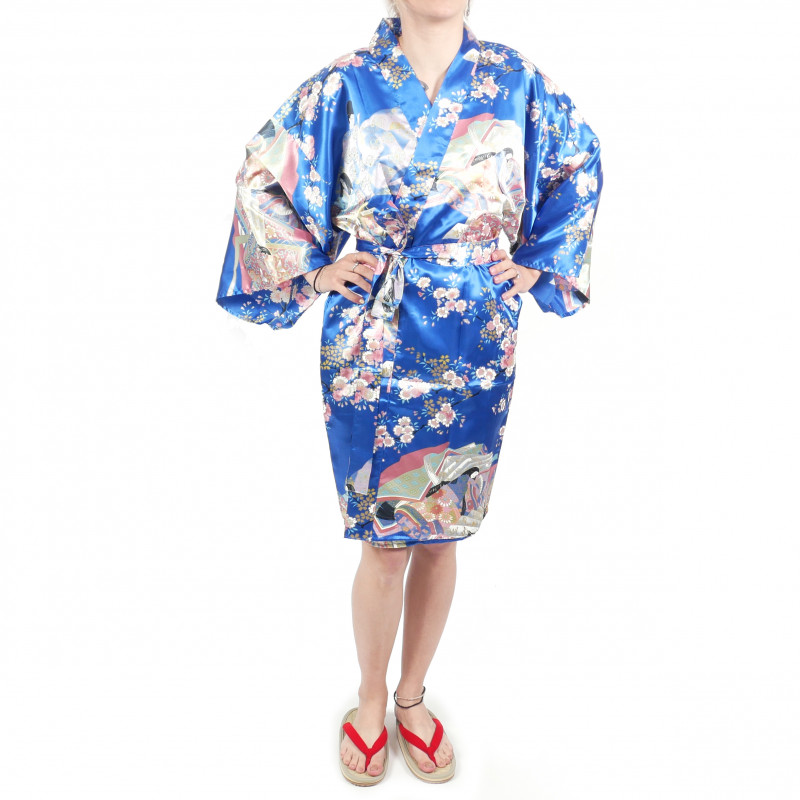 hanten traditional japanese blue kimono in polyester dynasty under the cherry blossom for women