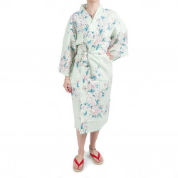 happi kimono traditionnel japonais turquoise en coton fleurs de cerisiers blanches pour femme