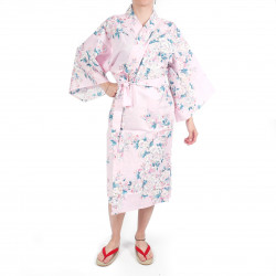happi Japanese traditional pink cotton kimono white cherry blossoms for women