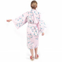 Happi Kimono tradizionale giapponese in cotone rosa con fiori di ciliegio bianchi per donna