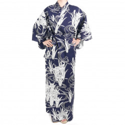 Kimono yukata di cotone blu tradizionale giapponese in iris e fiume per donna