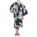 happi tradicional japonés kimono de algodón negro flores de cerezo blancas para mujeres