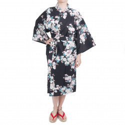 happi kimono traditionnel japonais noir en coton fleurs de cerisiers blanches pour femme