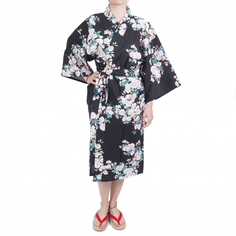 Happi kimono tradizionale giapponese in cotone nero con fiori di ciliegio bianco per donna
