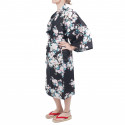 happi tradicional japonés kimono de algodón negro flores de cerezo blancas para mujeres