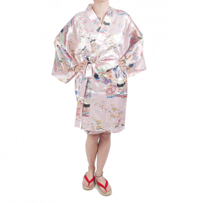 Kimono hanten tradizionale giapponese rosa in dinastia poliestere sotto il fiore di ciliegio per donna