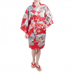 hanten traditional japanese red kimono in polyester dynasty under the cherry blossoms for women