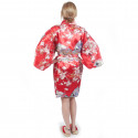 Kimono hanten tradizionale giapponese rosso in dinastia poliestere sotto i fiori di ciliegio per donna