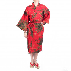 Happi traditionelle japanische rote Baumwollpfingstrose und Fluss Kimono für Frauen