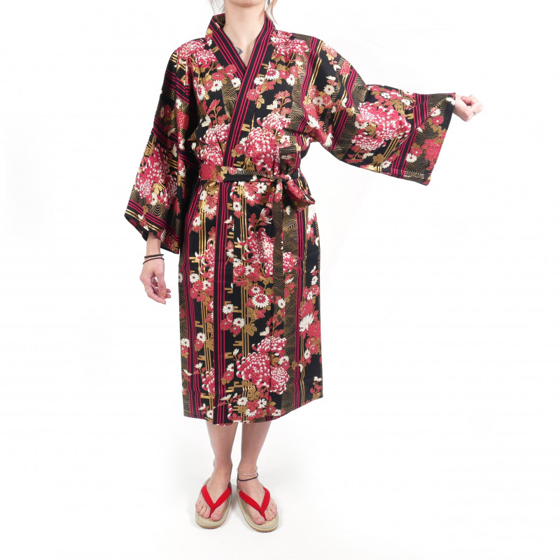Happi traditionelle japanische schwarze Baumwolle Kimono Blumen Chrysanthemen für Frauen