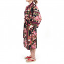 Happi crisantemi floreali tradizionali kimono di cotone nero giapponese per donna