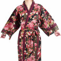happi kimono traditionnel japonais noir en coton chrysanthèmes fleuris pour femme