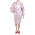 Kimono tradizionale giapponese Hanten in poesia satinata e fiori per donna
