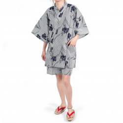 kimono jinbei traditionnel japonais bleu gris en coton rayures et fleurs d'iris pour femme