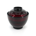 Lacquered miso soup bowl with red lines lid, AKAI AME, black and red