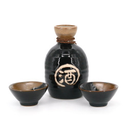 Servicio de sake 1 botella y 2 tazas, TENMOKU, negro y kanji