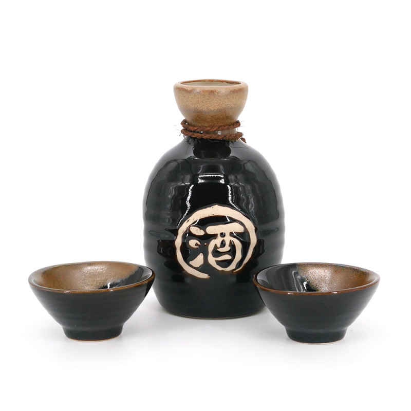Servizio di sake 1 bottiglia e 2 tazze, TENMOKU, nero e kanji