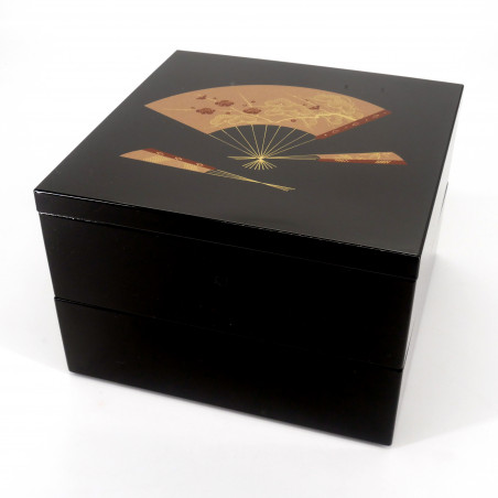 Grande boîte à repas jyubako noire en résine motif éventail, SENSU, 19.6x19.6x12.5cm