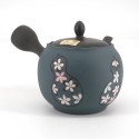 Japanese tokoname teapot, SAKURA, gray and blue, white flowers