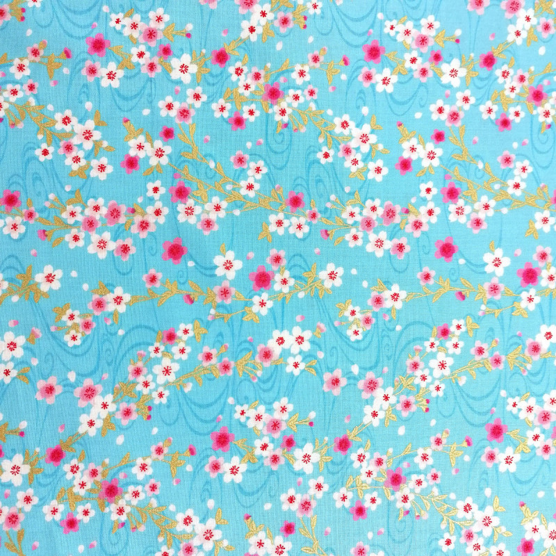 tissu bleu clair japonais en coton, motifs sakura, fleurs de cerisier