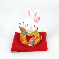 Adorno de conejo de cerámica, El conejo HANAUSAGI, kimono amarillo 