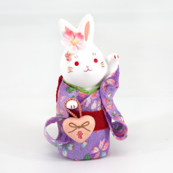 Ornement lapin blanc en céramique, HANAUSAGI AI, kimono violet