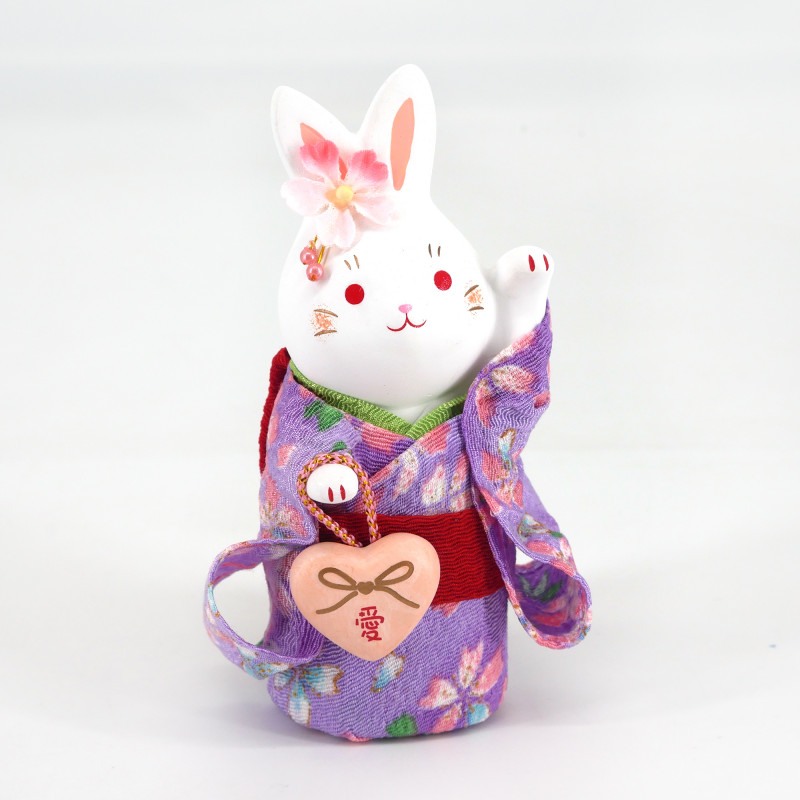 Weiße Keramikkaninchenverzierung, HANAUSAGI AI, lila Kimono